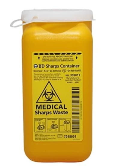BD Sharps Disposal Container, 1.4L; safe, single-use solution for sharps disposal with a secure closure and compact design.