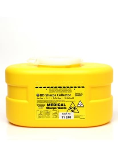 BD Sharps Disposal container, 3.1L, designed for safe disposal of needles and syringes in medical environments.