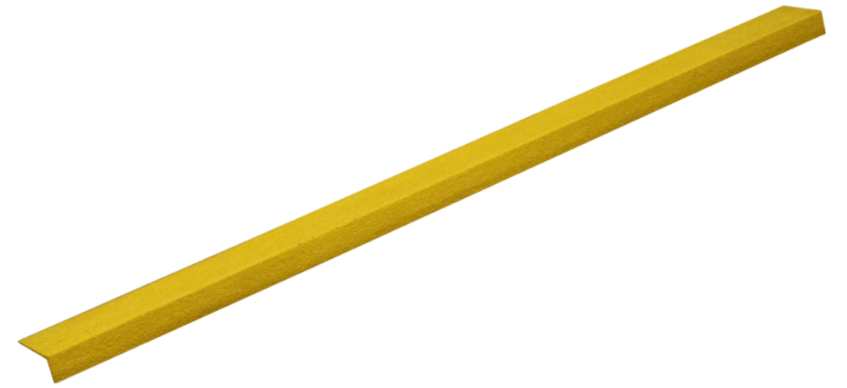 Durable yellow fibreglass stair nosing, anti-slip coarse grit finish, perfect for enhancing safety on indoor and outdoor stairways.