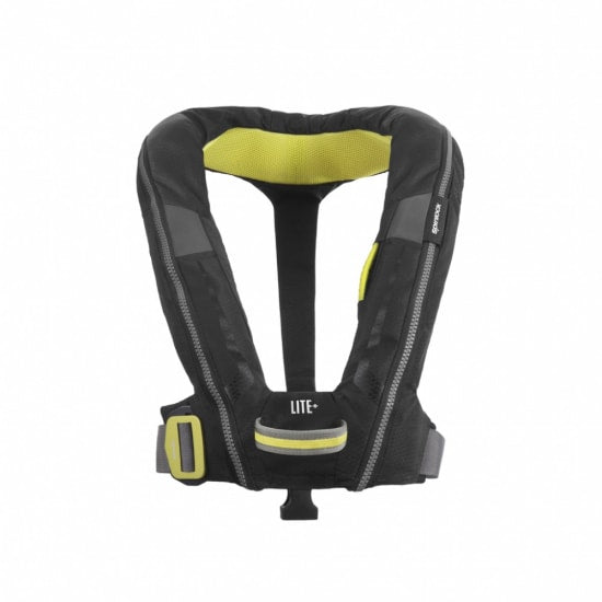 Lightweight black lifejacket with 170N buoyancy, automatic inflation, and secure fit for water activities like sailing and fishing.