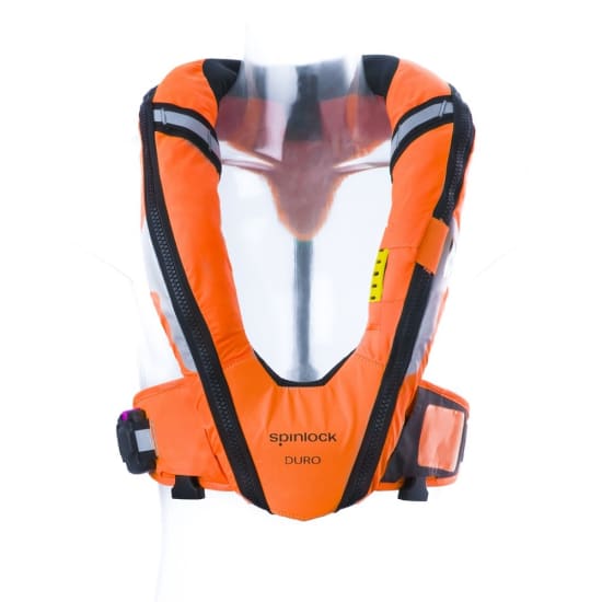 Bright orange Deckvest Duro Life Jacket 275N, featuring twin chambers, 275N buoyancy, automatic inflation, and custom attachments.