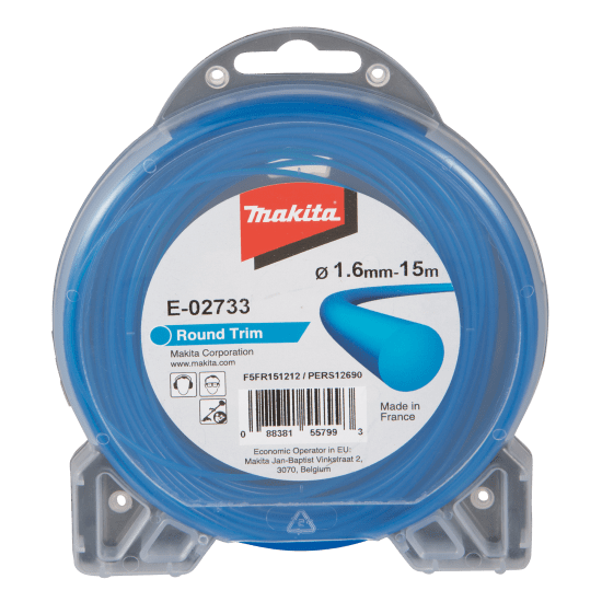 Makita Round Nylon Trimmer Line in blue, 1.6mm x 15m, durable nylon for efficient cutting of grass and weeds.