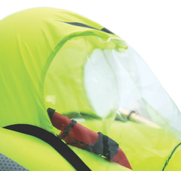 Deckvest SOLAS Sprayhood 170N designed for lifejackets, prevents spray inhalation, ensuring safety on water during rough seas.