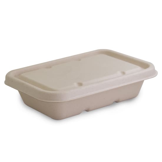 Huhtamaki eco-friendly lid for 500ml sugarcane containers, compostable for hot/cold food and delivery services.
