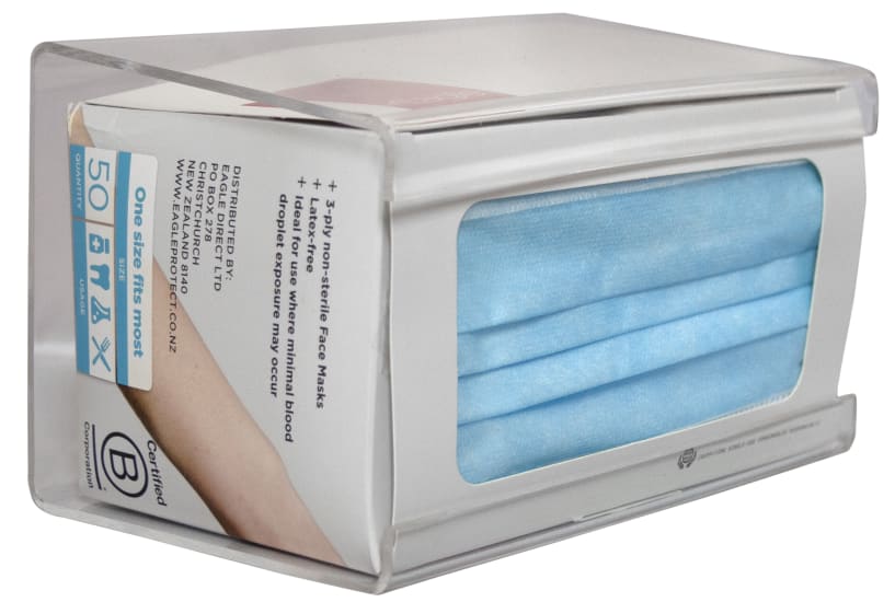 Clear acrylic Eagle Face Mask Dispenser, designed for easy, hygienic access to masks in various environments.