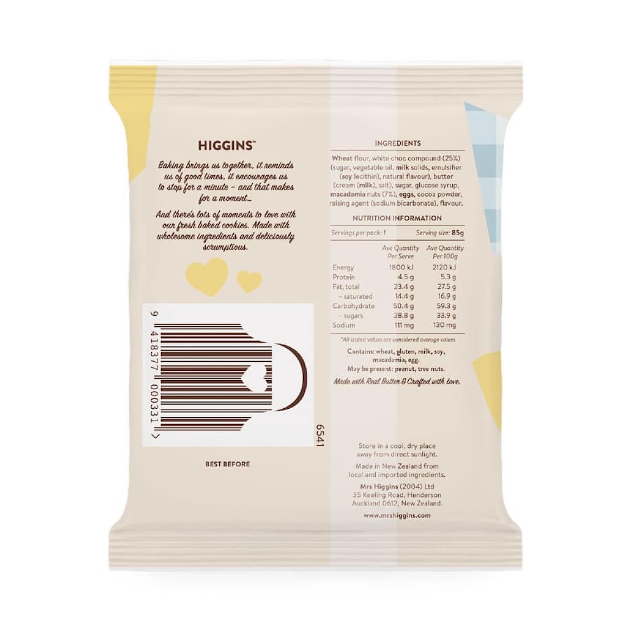 Mrs Higgins Cookies White Chocolate & Macadamia 85g