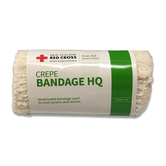 Red Cross Crepe Bandage 7.5cm x 4m, designed for support in sprains and strains with high elasticity and breathable fabric.