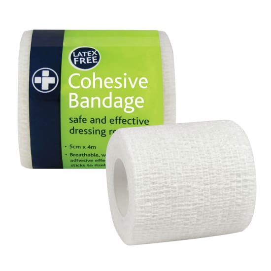 Red Cross cohesive bandage, 5cm x 4m, latex-free, self-adhering, tearable, flexible, ideal for wound care and injury support.