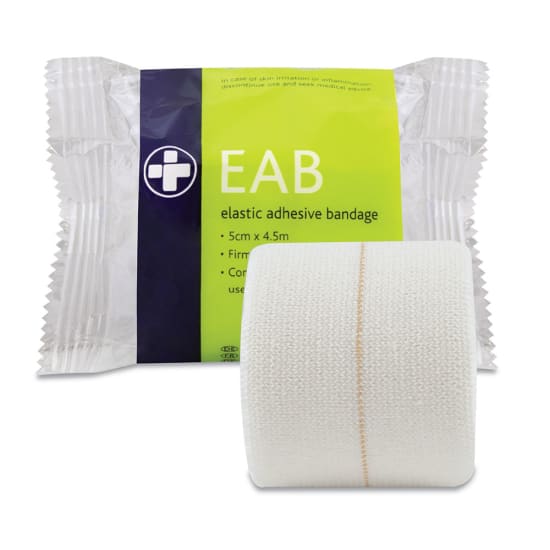EAB Elastic Adhesive Bandage roll, 5cm x 4.5m, providing support for sprains, weak joints, and sports injuries with secure adhesive.