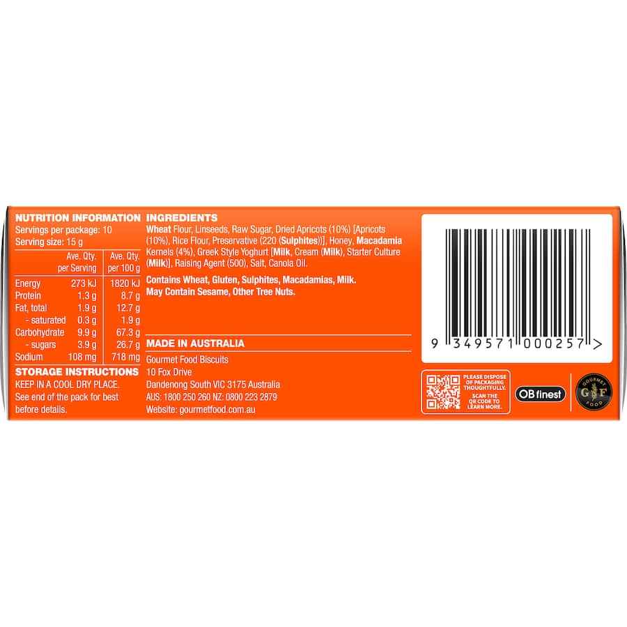 Ob Finest Specialty Crackers Apricot & Macadamia 150g