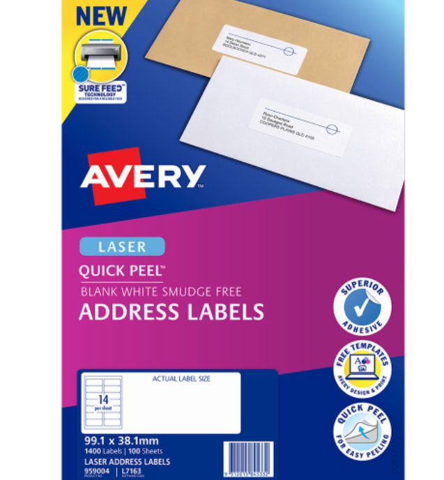 Quick Peel Address Laser Labels L7163 99.1mm x 38.1mm 14 per Sheet - Avery