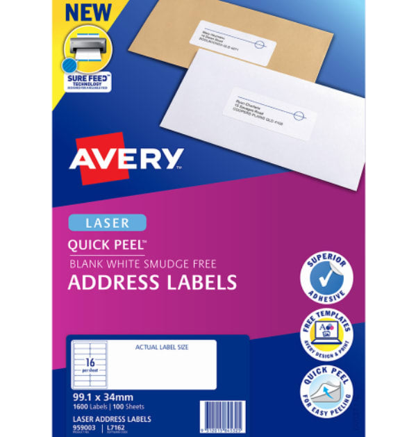 Quick Peel Address Laser Labels L7162-100 99.1mm x 34mm 16 per Sheet - Avery