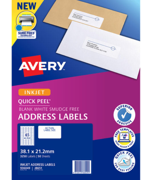 Inkjet Address & Shipping Labels J8651-50 38.1mm x 21.2mm 65 per sheet - Avery