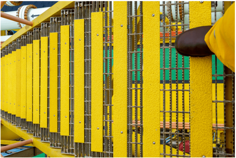 Durable yellow fibreglass stair nosing (70 x 30 x 2400 mm) with coarse grit for superior anti-slip safety indoors and outdoors.