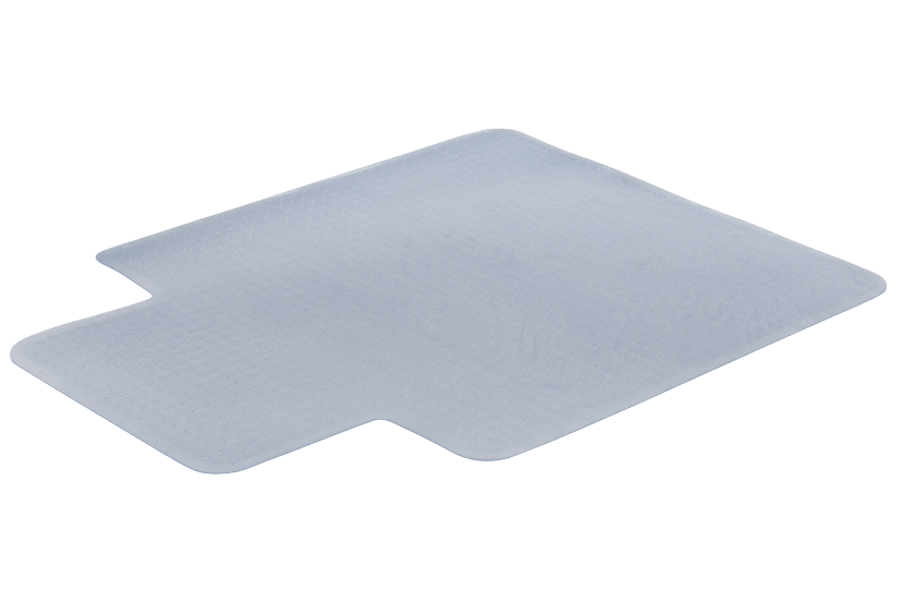 Clear vinyl chairmat measuring 1220 x 900mm, featuring a leather grain surface and cleated back for carpet stability.