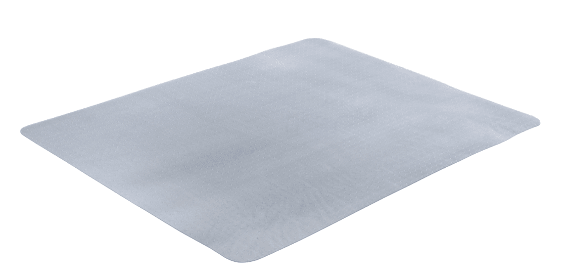 Clear vinyl chair mat with leather grain finish, measuring 1500 x 1200mm, designed for office use and floor protection.