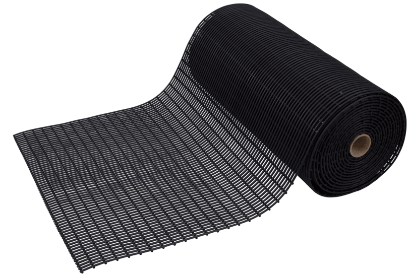 Aqua Tube Matting in black, 1200mm wide, offers drainage and comfort for wet areas like pools and factories, made from durable PVC.