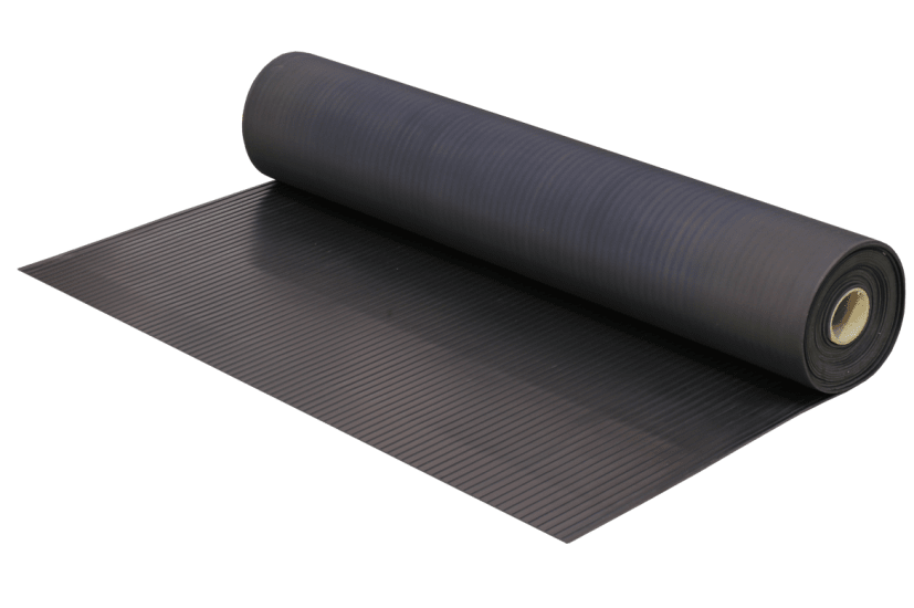 Durable black rubber flooring with broad rib texture, 1200mm wide, slip-resistant, ideal for workshops and tool protection.