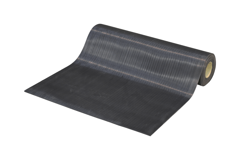 Durable black rubber flooring, 900mm wide, with fine rib texture for slip resistance and noise absorption, ideal for various workspaces.