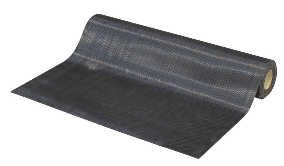Rubber flooring in black, 1200mm wide with fine rib texture; slip-resistant, durable, and ideal for indoor/outdoor use.