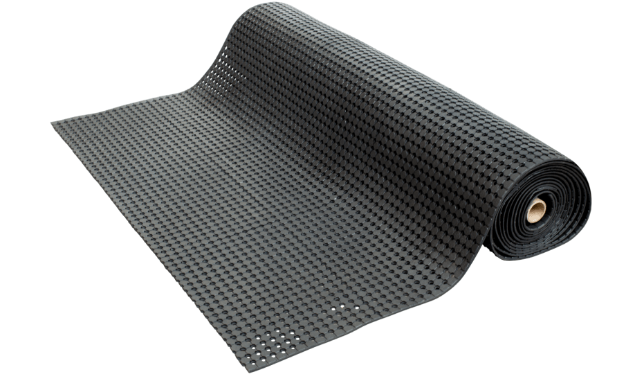 Textured black rubber matting, 1800mm wide, anti-slip surface with drainage holes, perfect for ute decks and outdoor use.