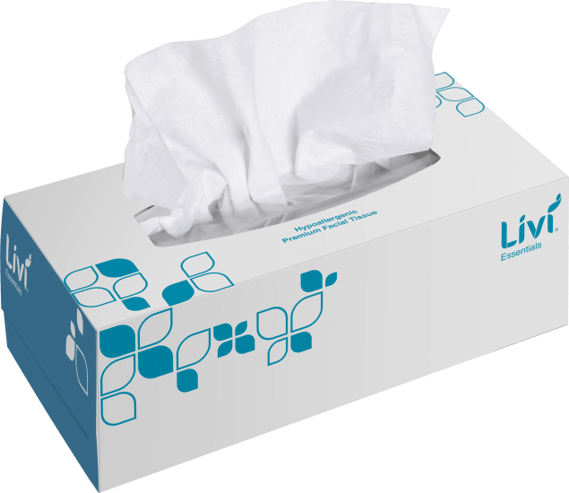 Livi Essentials 2 Ply Facial Tissues, 200 sheets per pack, soft, strong, hypoallergenic, ideal for home and workplace use.