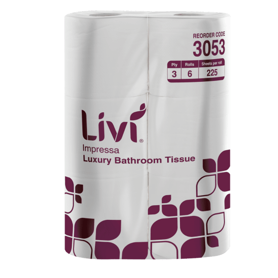 Livi Impressa 3-Ply Toilet Paper roll with 225 sheets, soft and absorbent for comfort; ideal for homes and businesses.