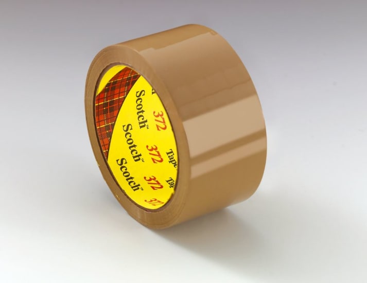 Tan Scotch Packaging Hand Tape 372, 48mm x 75m, high-performance, moisture-resistant, ideal for secure box sealing.