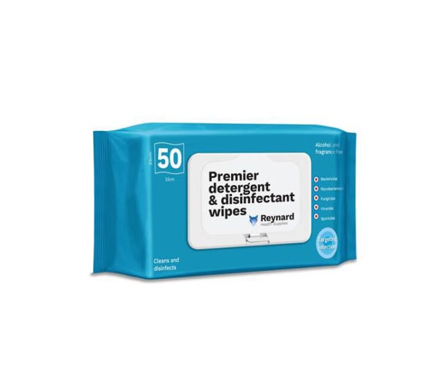 Reynard Premier Detergent and Disinfectant Wipes pack featuring 50 large, effective, biodegradable, and hospital-grade cleaning wipes.