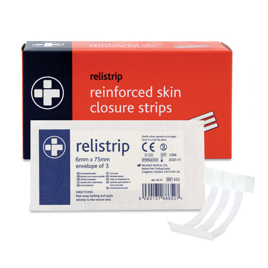 Relistrip Skin Closure Strips in a packet of 5, ideal for wound care with breathable, flexible fabric for comfort.
