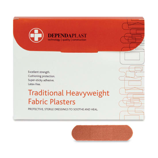 Dependaplast Traditional HW Fabric Plaster packet with 100 strong, cushioned plasters for dependable wound care and outdoor use.