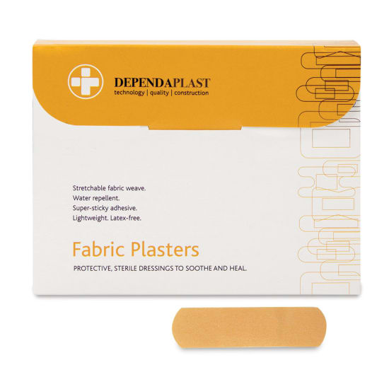 Dependaplast Advanced Fabric Plasters: lightweight, waterproof, stretchy bandages with super-sticky adhesive, ideal for minor wound care.
