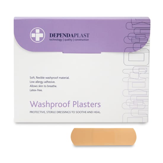 Dependaplast Washproof Plasters in a packet, featuring flexible, breathable film and low-allergy adhesive for effective wound care.