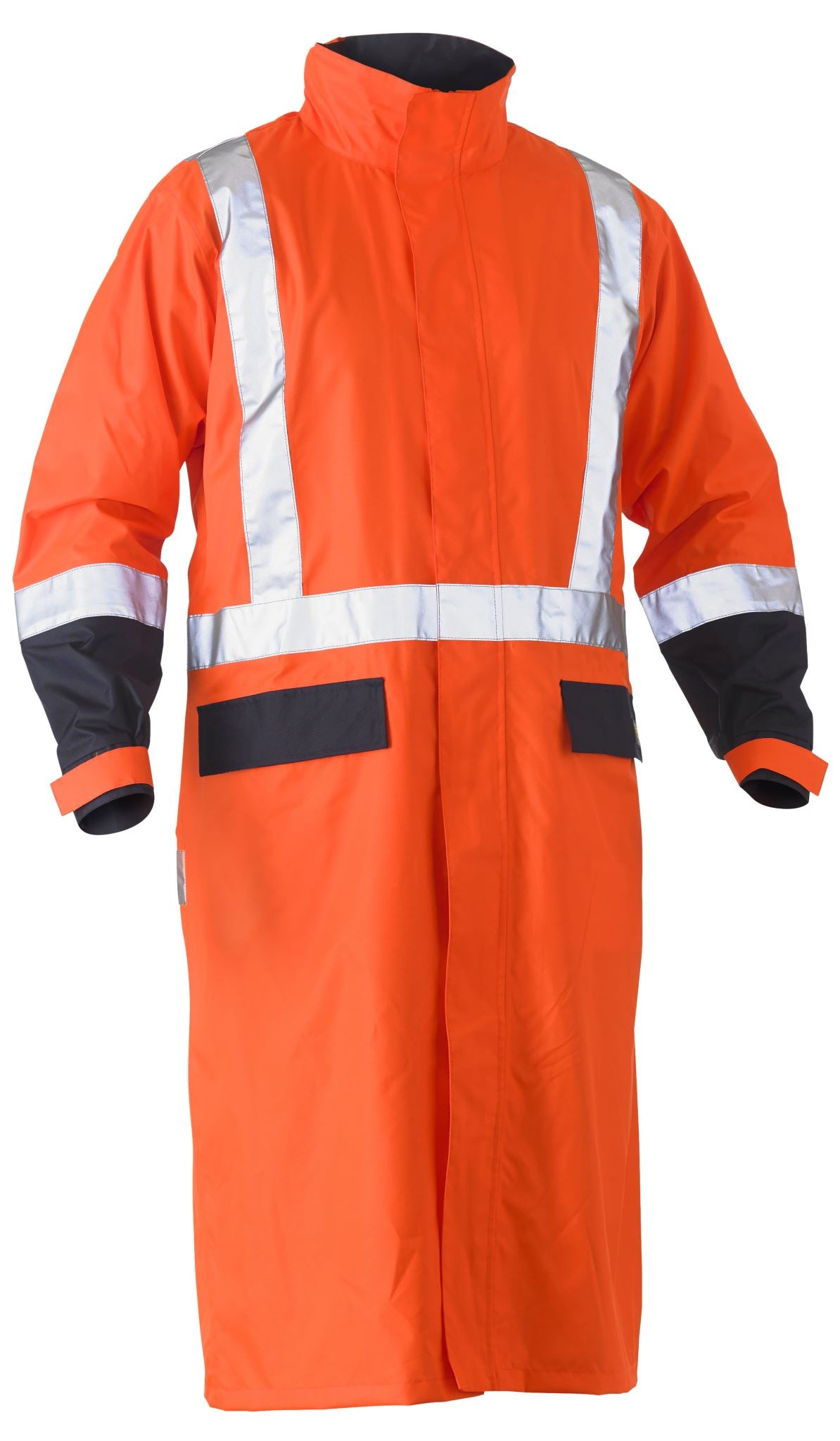 Bisley, Hi Vis Taped Long Rain Coat, BJ6961T - Orange/Navy - SM