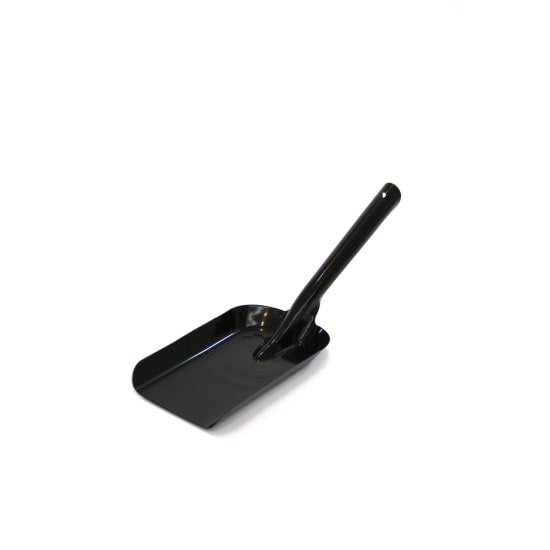 Black metal fire shovel with a durable powder-coated finish, ideal for managing fires and cleaning ash indoors or outdoors.