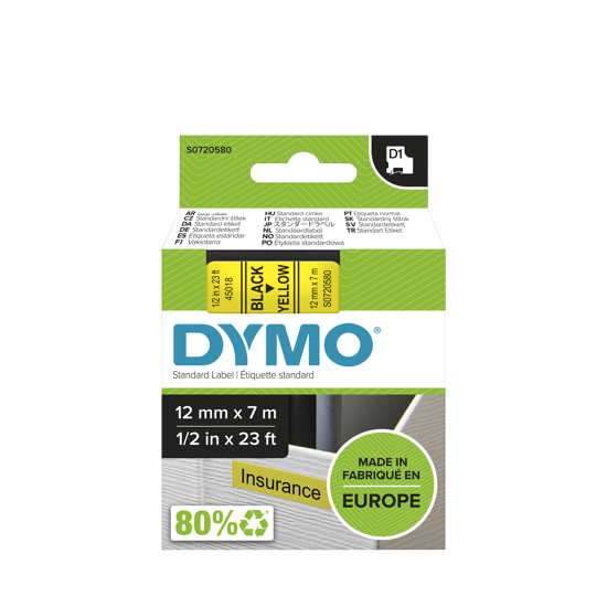 Dymo Label Tape Black/Yellow-12mm x 7m (Each)