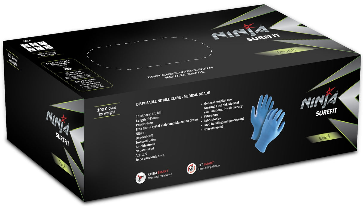 Ninja Surefit Nitrile Gloves Powder Free Blue S-2XL (Pack of 100) - Standard - L