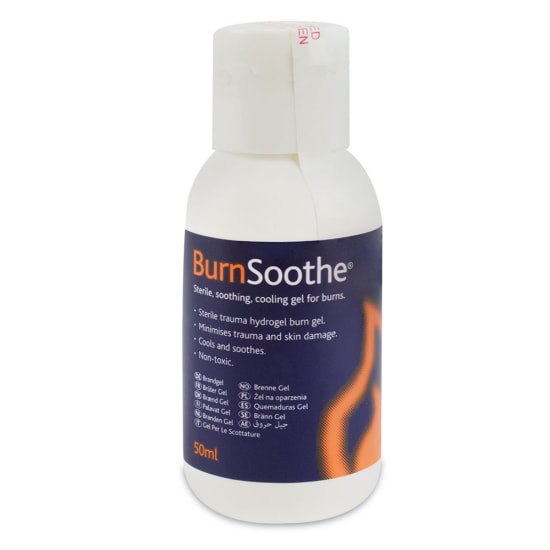 BurnSoothe Burn Gel 50ml bottle for quick relief of minor burns and sunburns, non-toxic, sterile, and easy to apply.