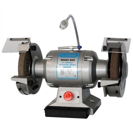 Heavy-duty Linishall bench grinder with 200mm wheel, adjustable eyeshields, and powerful 750W motor for precision tasks.