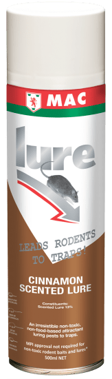 Cinnamon-scented rodent lure in 500ml, non-toxic attractant for effective pest control, featuring a wide spray and directional valve.