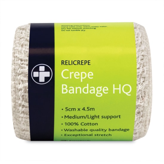 Soft, durable 5cm x 4.5m crepe bandage for sprains and strains, made from washable high-quality cotton with excellent elasticity.