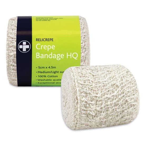 Cotton crepe bandage, 5cm x 4.5m, offers soft support for sprains and strains with excellent stretch and comfort.