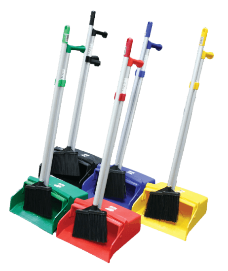 Bright yellow Filta Lobby Dustpan Brush Set with ergonomic handle, angled lip for easy debris pick-up, and color-coded design.