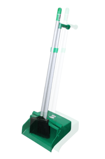 Filta Lobby Dustpan Brush Set in green, featuring ergonomic handle and enhanced angled lip for effective cleaning and hygiene.