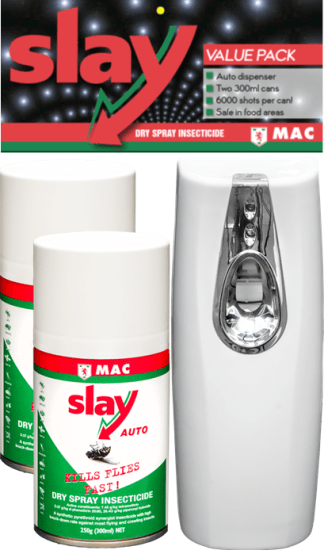 MAC Slay Professional Auto Dispenser pack with two 300ml cans, offering fragrance-free, non-staining sanitation for high-demand areas.