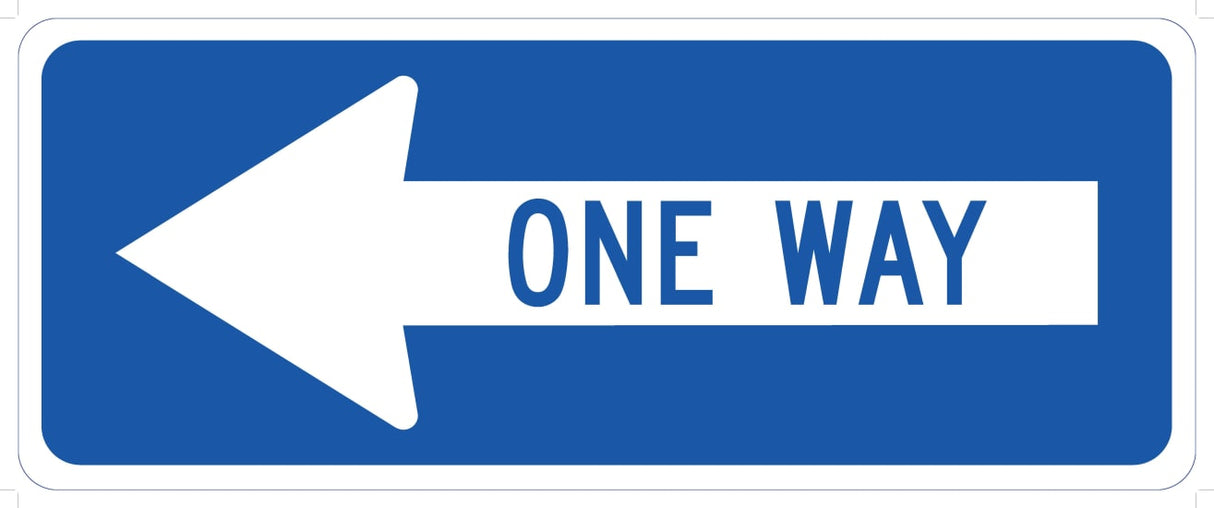 Left Arrow One Way sign, 600mm x 250mm, durable aluminium with clear arrow for safe traffic direction.