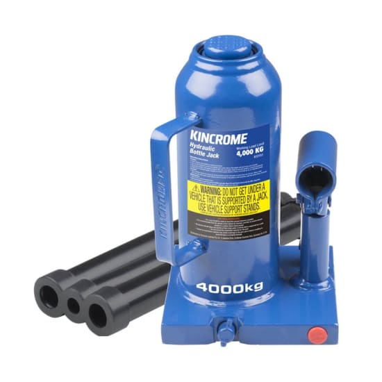 Kincrome Hydraulic Bottle Jack with 4000kg capacity, featuring a welded design, double seals, and durable steel base for stability.