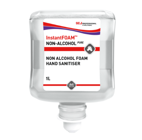 InstantFOAM Non-Alcohol Pure Sanitiser: Effective foam formula kills 99.9% of germs, perfume-free, gentle on hands, ideal for sensitive settings.