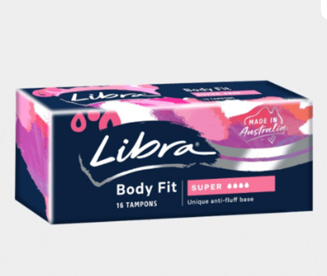 Libra Body Fit Super Tampons in a 12 x 16 pack carton, designed for comfort and heavy-flow protection.