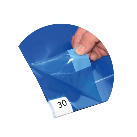 Blue adhesive mat with 30 removable layers for capturing dirt and dust from shoes, ideal for clean entryways.